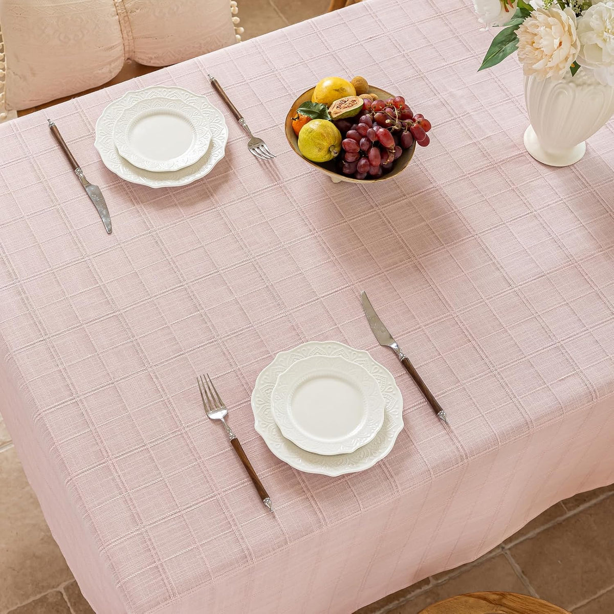 Light Pink Embroidered Grid Tablecloth, Wrinkle Resistant, 52"x70"