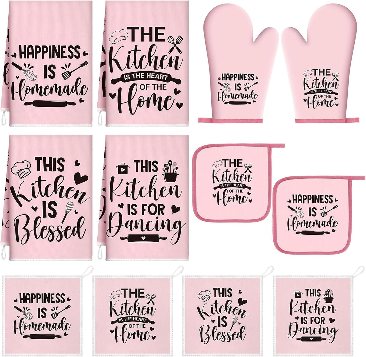 12 Pcs Farmhouse Kitchen Decorations Sets 8 Pink Black Kitchen Dish Towels 2 Pot Holders 2 Oven Mitts Glove Rustic Hand Towels and Dishcloths for Home Accessories Mom Gifts