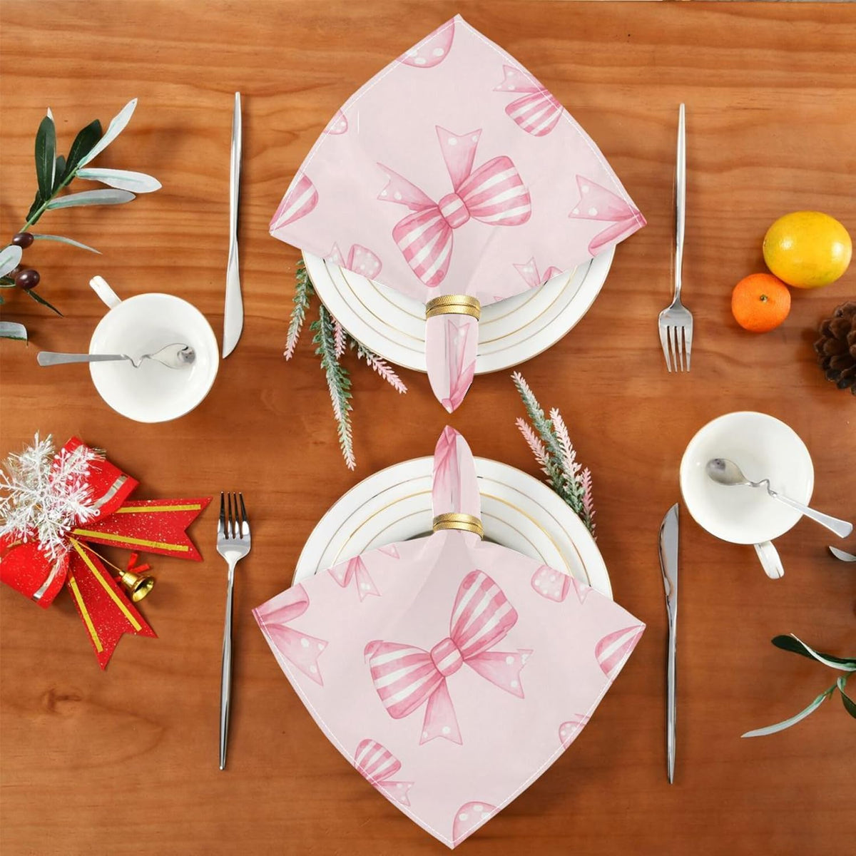 Kigai Pink Striped Bows Cloth Napkins Set of 6 Washable Reusable Polyester Table Napkins for Home Holiday Party Wedding Decoration 20 x 20 Inches