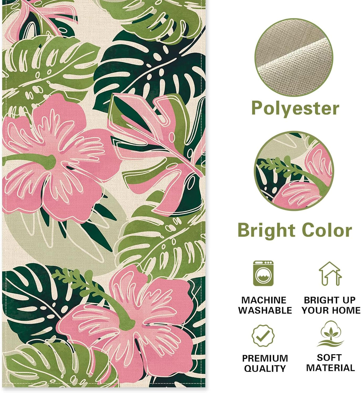 Boho Palm Leaves Spring Summer Table Runner, Tropical Hibiscus Flower
