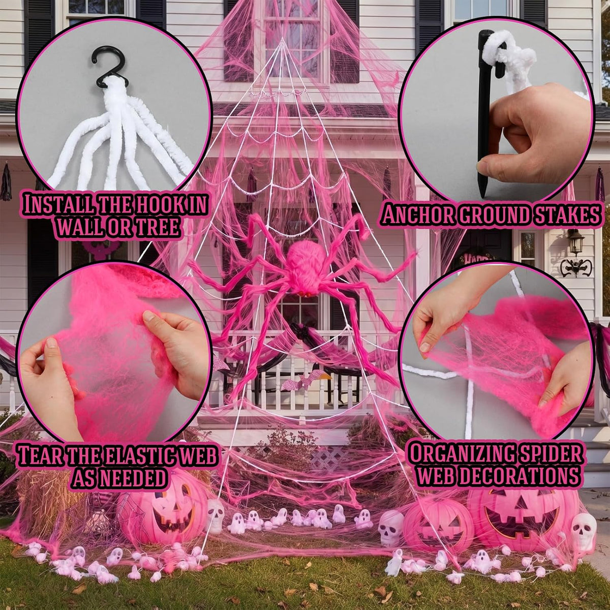 3 Pcs Pink Spider Web Summer Halloween Decorations, 48in Giant Spider 16.4 x 15.7ft Triangular Web Pink Gauze Cloth Fake Spiderweb Halloween Decor Outdoor for Haunted House Home Party Decor