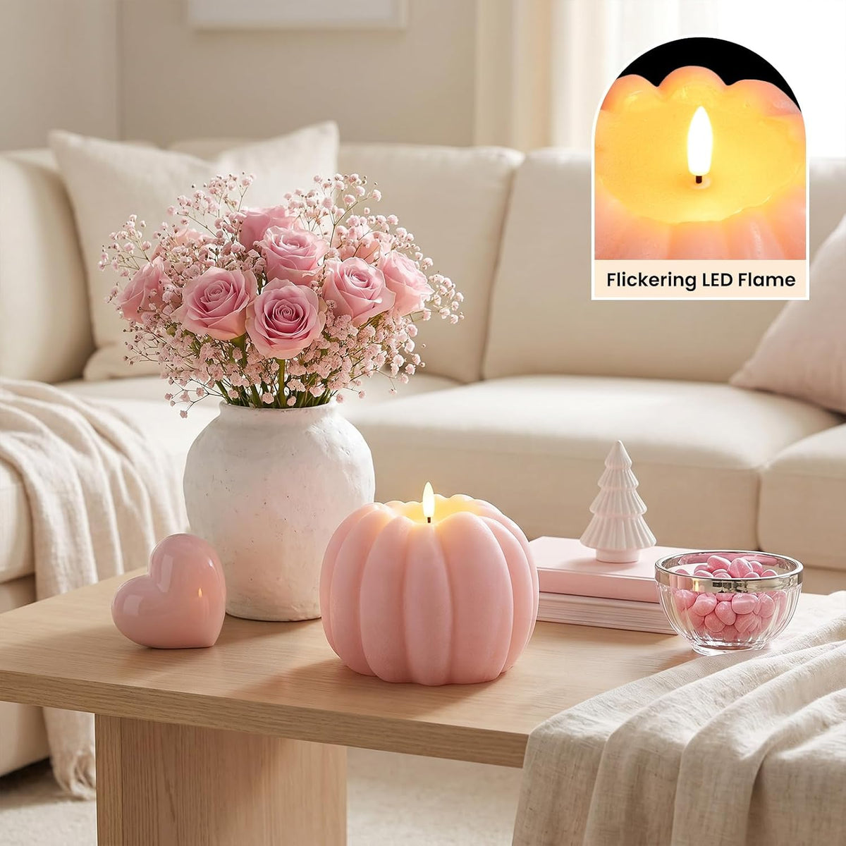 Pink Fall Decor, Fall Decorations for Home, Large Flameless Pumpkin Candle
