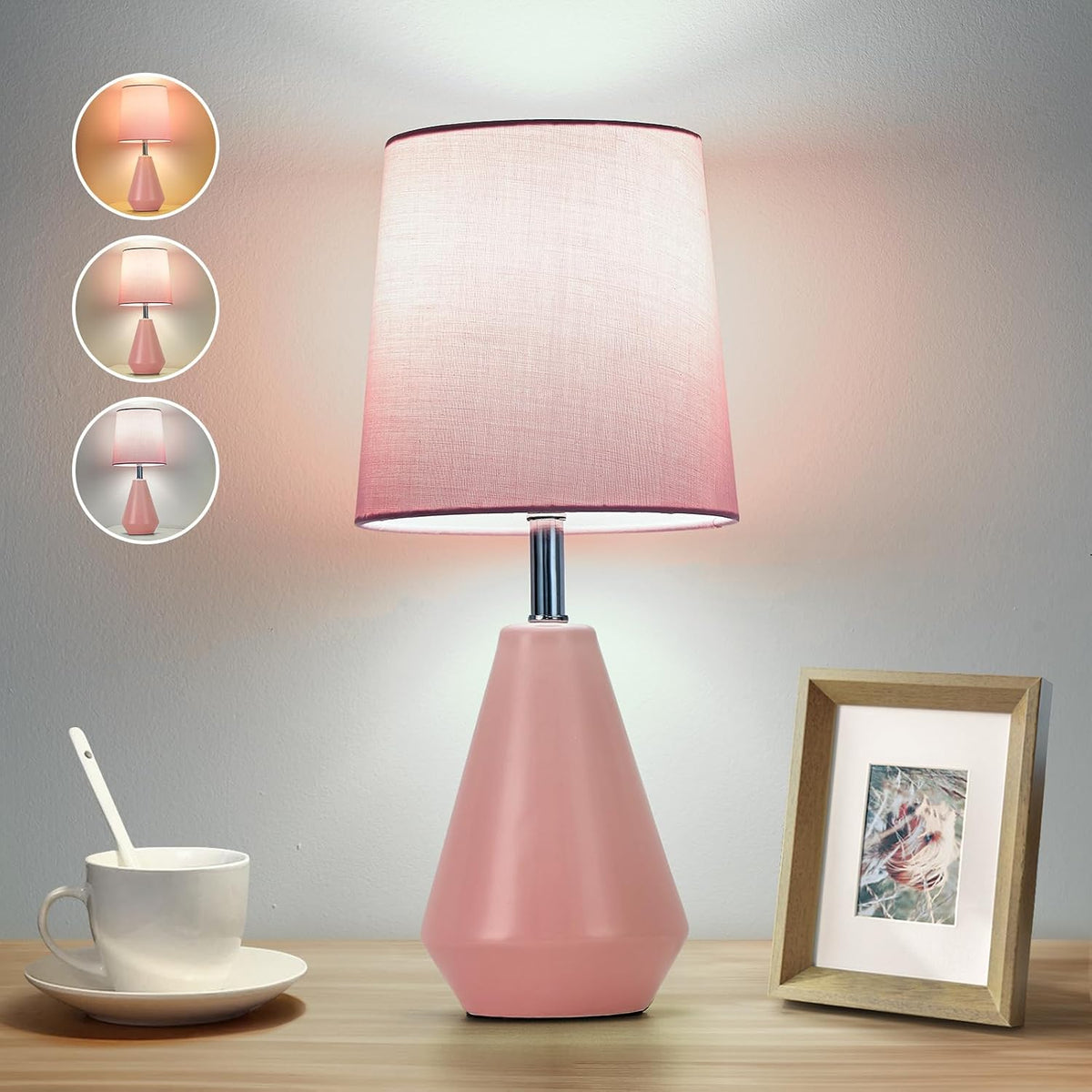 Small Bedside Table Lamp for Bedroom - Reading Desk Lamp with 3 Color Temperatures，15.5" Nightstand Ceramic Lamp with Fabric Shade for Kids Room,Living Room,Dorm,Home Office (Pink)