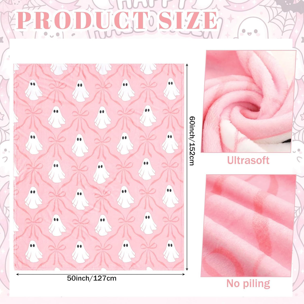 Halloween Pink Ghost Blanket Coquette Bow Throw Blanket