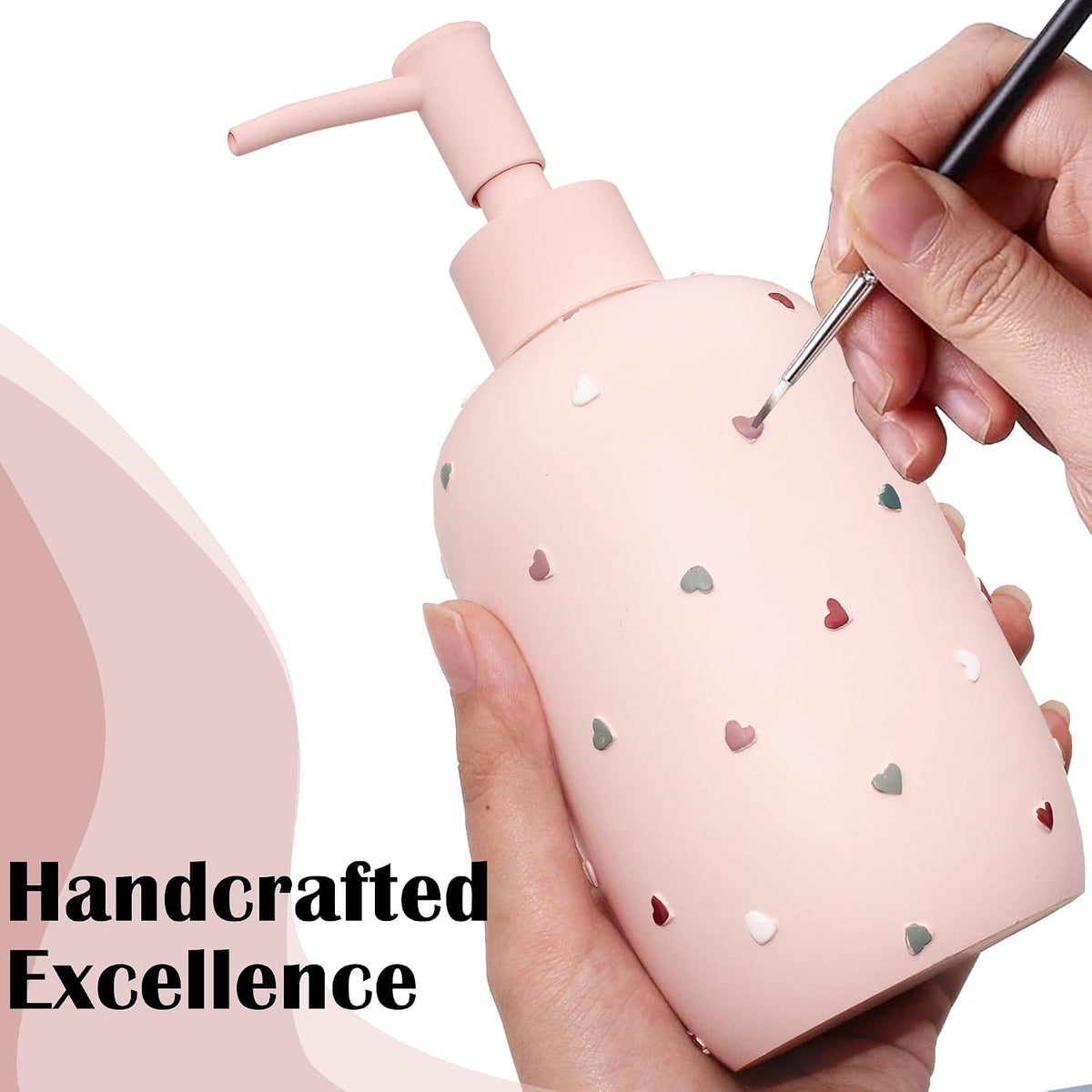 Bathroom Accessories Sets 4-Piece, Premium Pastel Heart Bathroom Accessory Complete Set - Toothbrush Holder, Lotion Soap Dispenser, Vanity Tray, Bathroom Tumbler for Countertop Vanity (Pink)