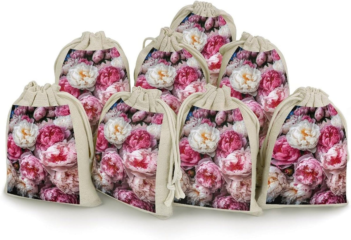 8 Pack Favors Bags Peach And White Peonies Burlap Bags Reusable Drawstring Gift Bag for Party Decorations