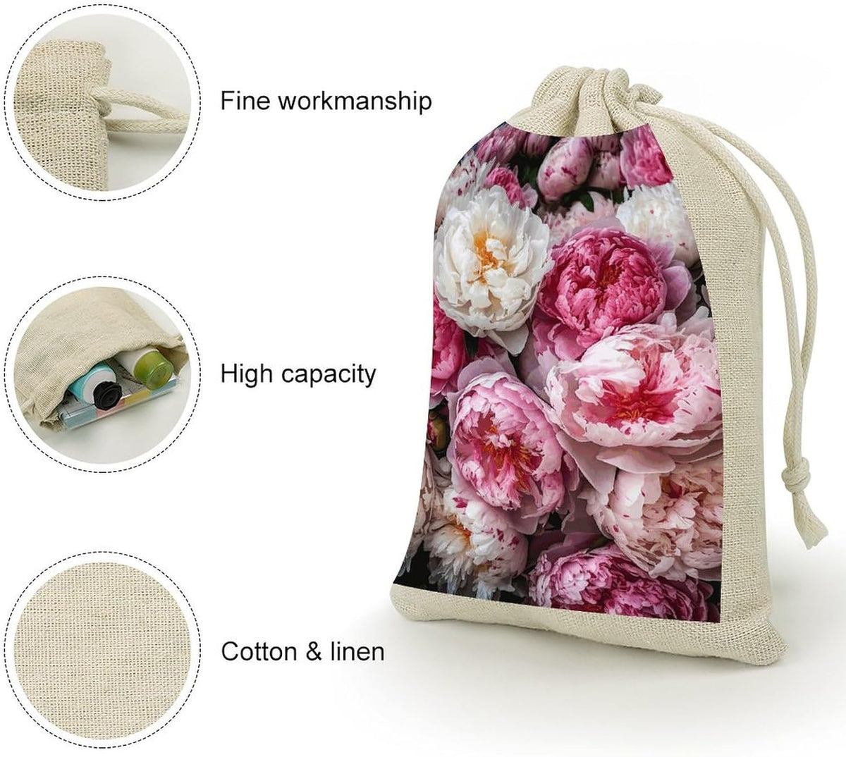 8 Pack Favors Bags Peach And White Peonies Burlap Bags Reusable Drawstring Gift Bag for Party Decorations