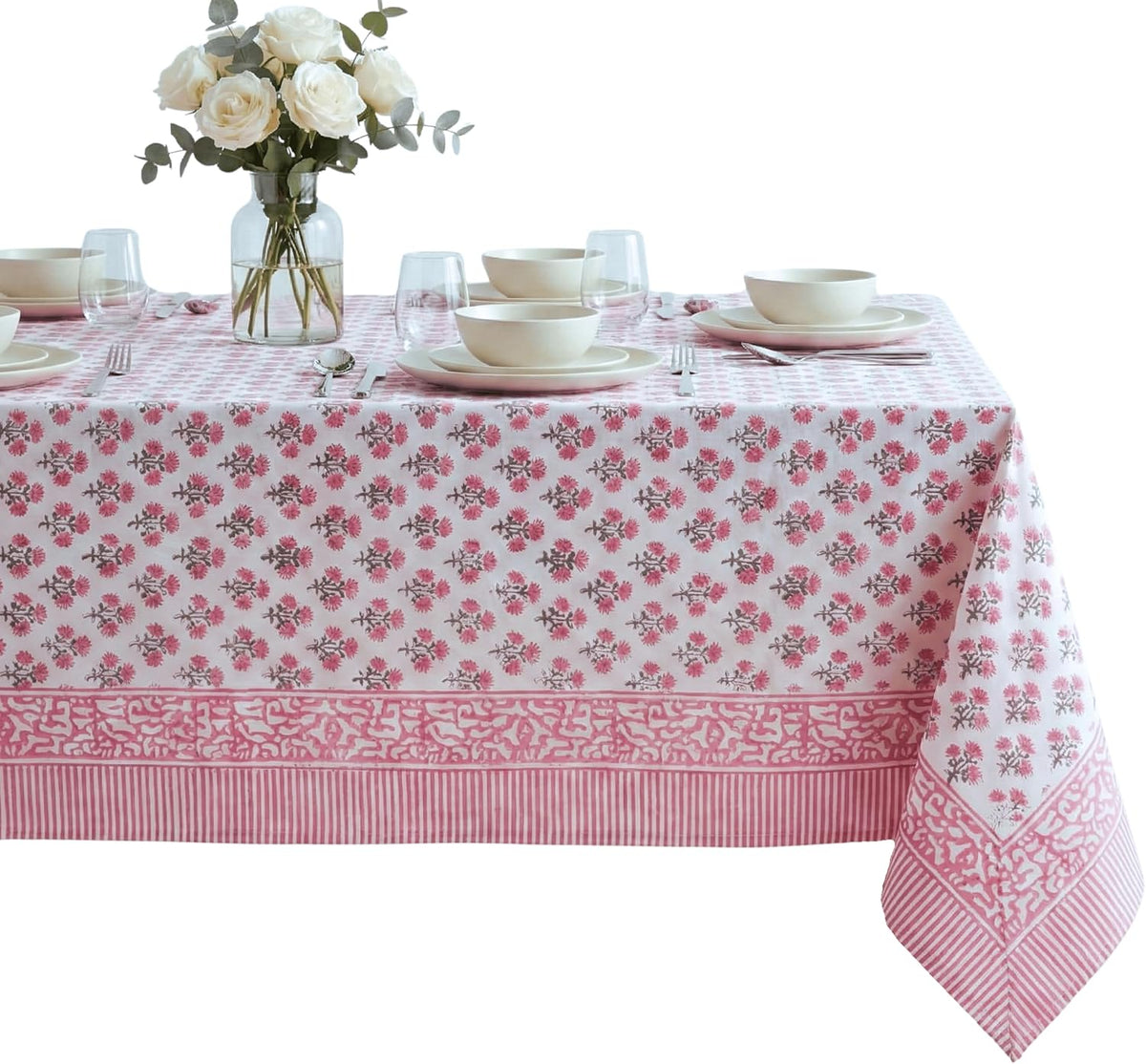 Cotton Blockprint Rectangle Table Cloth, Gulbahar Pink, 90" X 60"