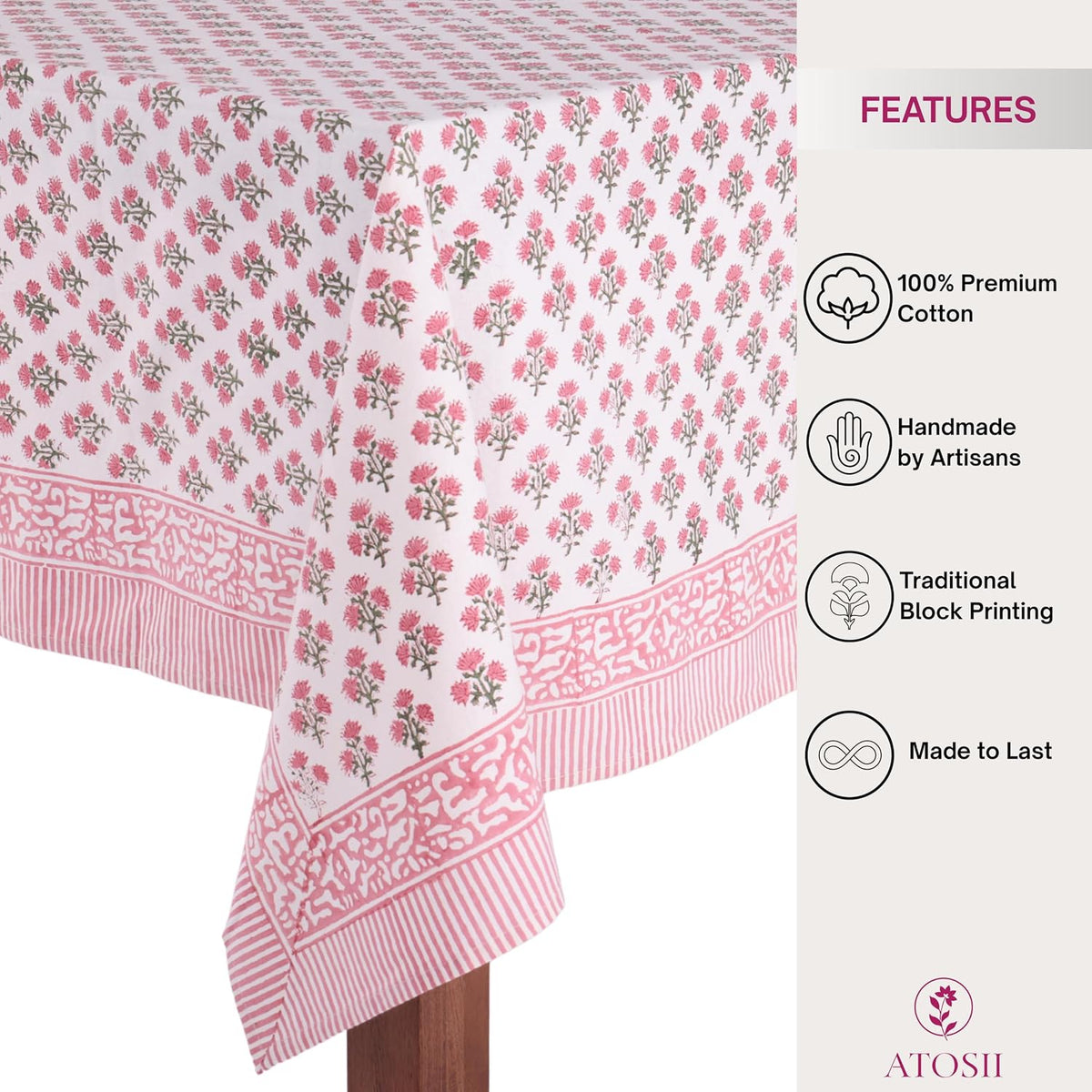 Cotton Blockprint Rectangle Table Cloth, Gulbahar Pink, 90" X 60"