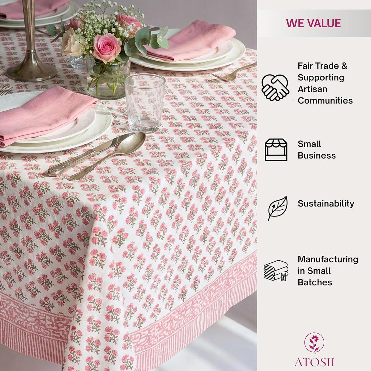 Cotton Blockprint Rectangle Table Cloth, Gulbahar Pink, 90" X 60"