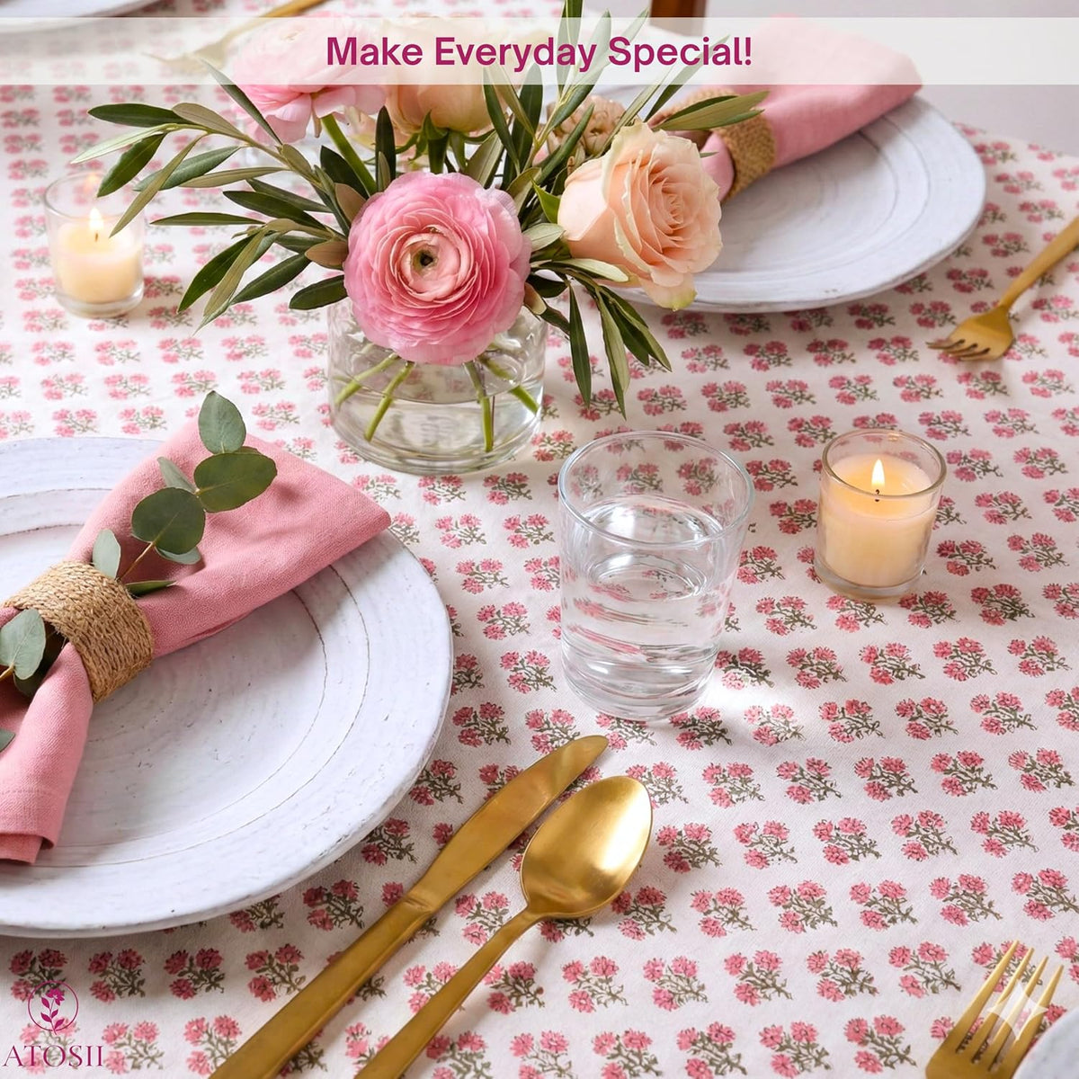 Cotton Blockprint Rectangle Table Cloth, Gulbahar Pink, 90" X 60"