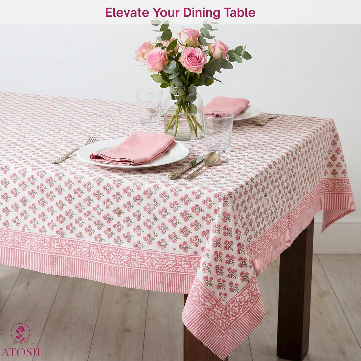 Cotton Blockprint Rectangle Table Cloth, Gulbahar Pink, 90" X 60"