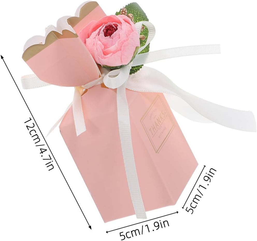 Healifty 12pcs Pink Flower Wedding Treat Boxes with Bow Ribbon Decorative Candy Packaging for Birthday Party Favors and Wrapping