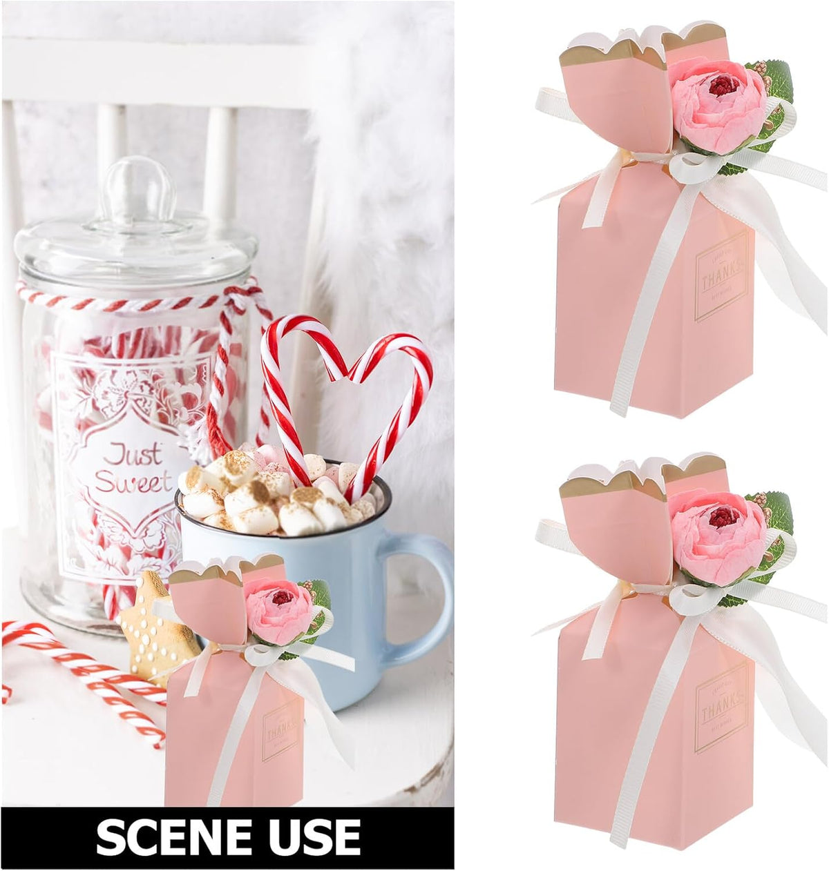 Healifty 12pcs Pink Flower Wedding Treat Boxes with Bow Ribbon Decorative Candy Packaging for Birthday Party Favors and Wrapping