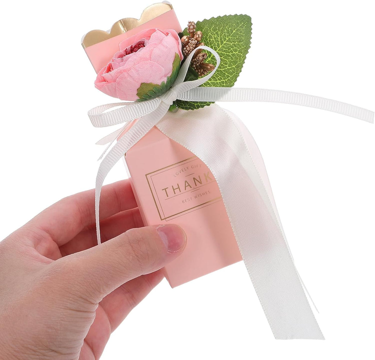 Healifty 12pcs Pink Flower Wedding Treat Boxes with Bow Ribbon Decorative Candy Packaging for Birthday Party Favors and Wrapping