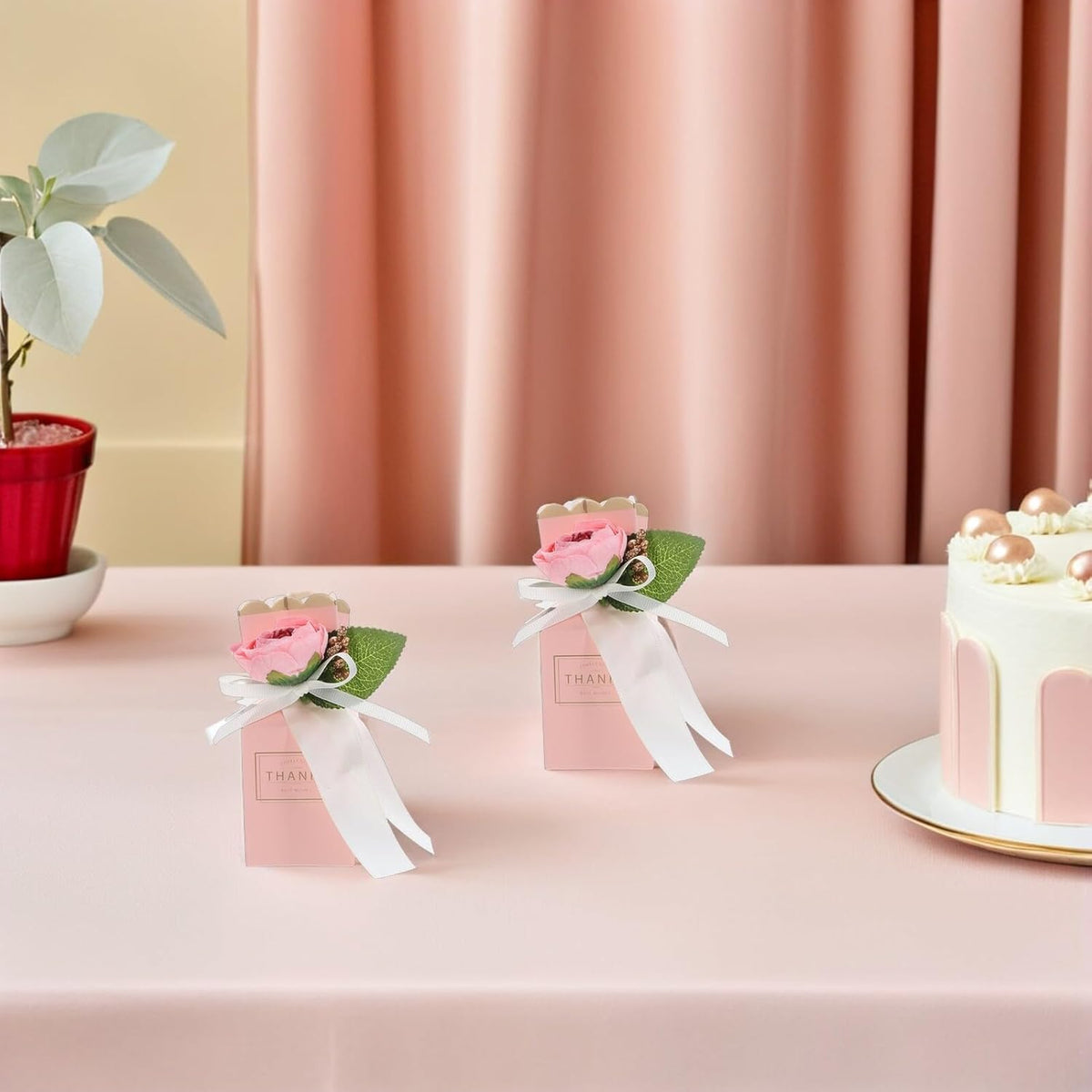 Healifty 12pcs Pink Flower Wedding Treat Boxes with Bow Ribbon Decorative Candy Packaging for Birthday Party Favors and Wrapping
