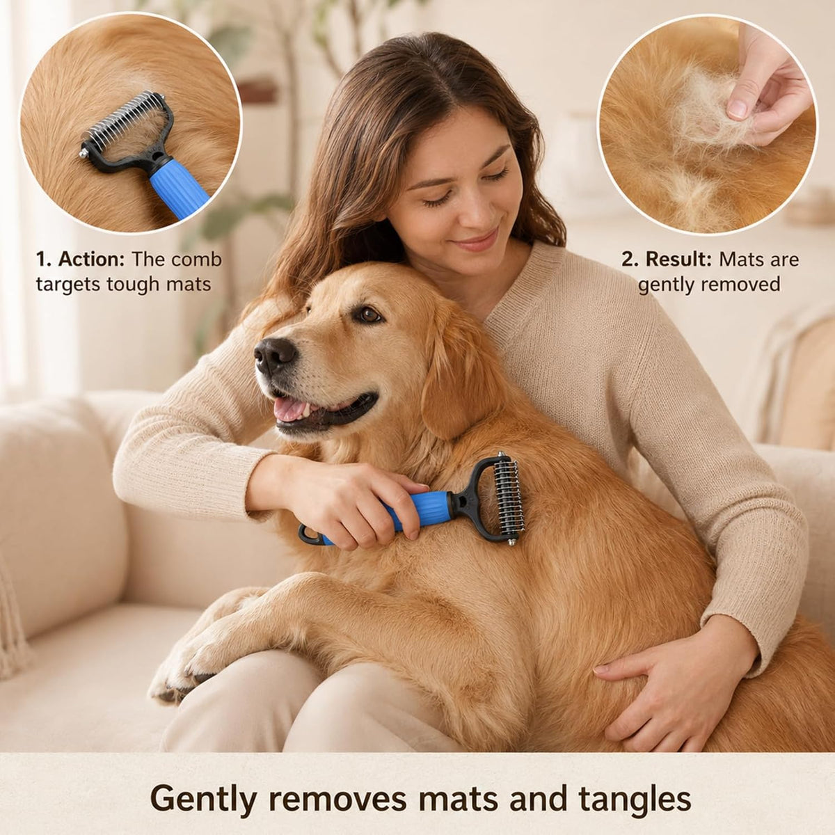 Double Sided Dematting Comb for Cats & Dogs, Undercoat Rake, Pet Grooming Brush for Long Hair, Deshedding Dog Brush Removes Tangles Knots and Loose Fur, Grooming Tool for Thick Coats (2PCS-A)