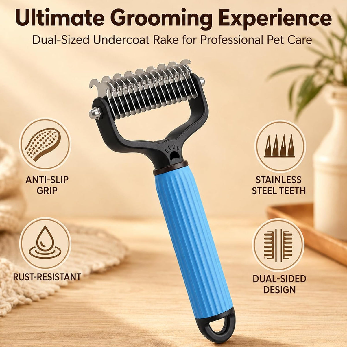 Double Sided Dematting Comb for Cats & Dogs, Undercoat Rake, Pet Grooming Brush for Long Hair, Deshedding Dog Brush Removes Tangles Knots and Loose Fur, Grooming Tool for Thick Coats (2PCS-A)