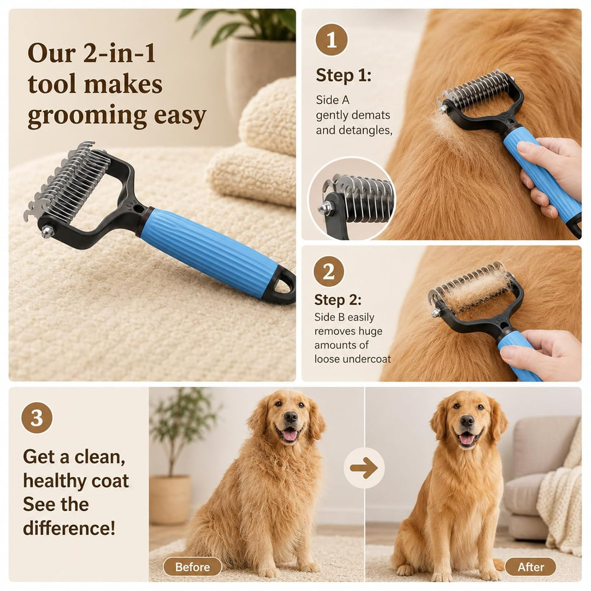 Double Sided Dematting Comb for Cats & Dogs, Undercoat Rake, Pet Grooming Brush for Long Hair, Deshedding Dog Brush Removes Tangles Knots and Loose Fur, Grooming Tool for Thick Coats (2PCS-A)