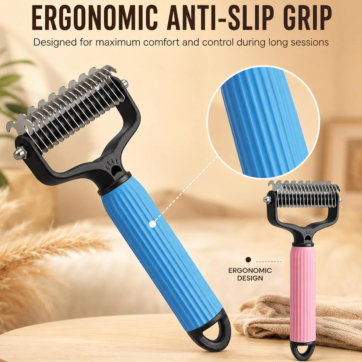 Double Sided Dematting Comb for Cats & Dogs, Undercoat Rake, Pet Grooming Brush for Long Hair, Deshedding Dog Brush Removes Tangles Knots and Loose Fur, Grooming Tool for Thick Coats (2PCS-A)