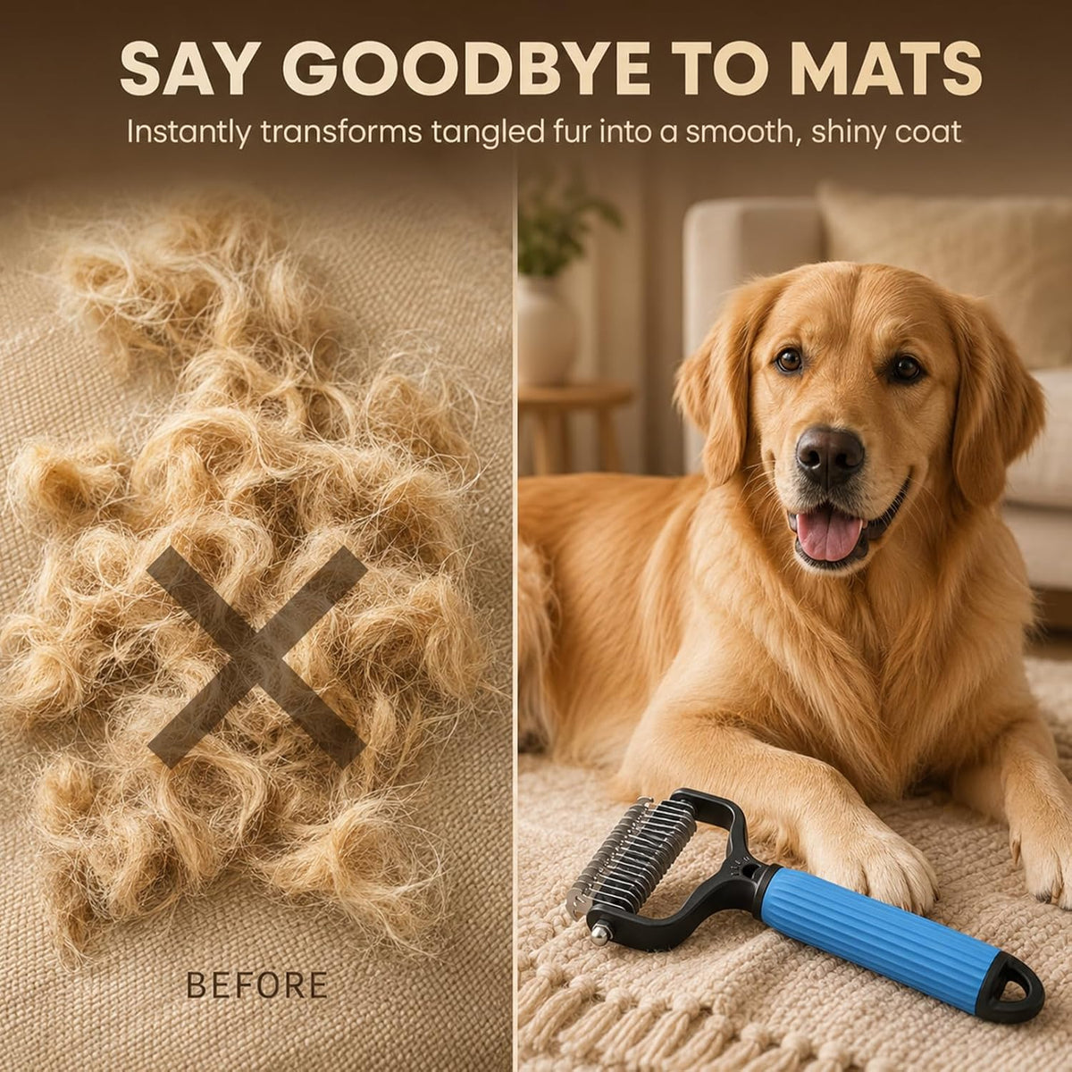 Double Sided Dematting Comb for Cats & Dogs, Undercoat Rake, Pet Grooming Brush for Long Hair, Deshedding Dog Brush Removes Tangles Knots and Loose Fur, Grooming Tool for Thick Coats (2PCS-A)