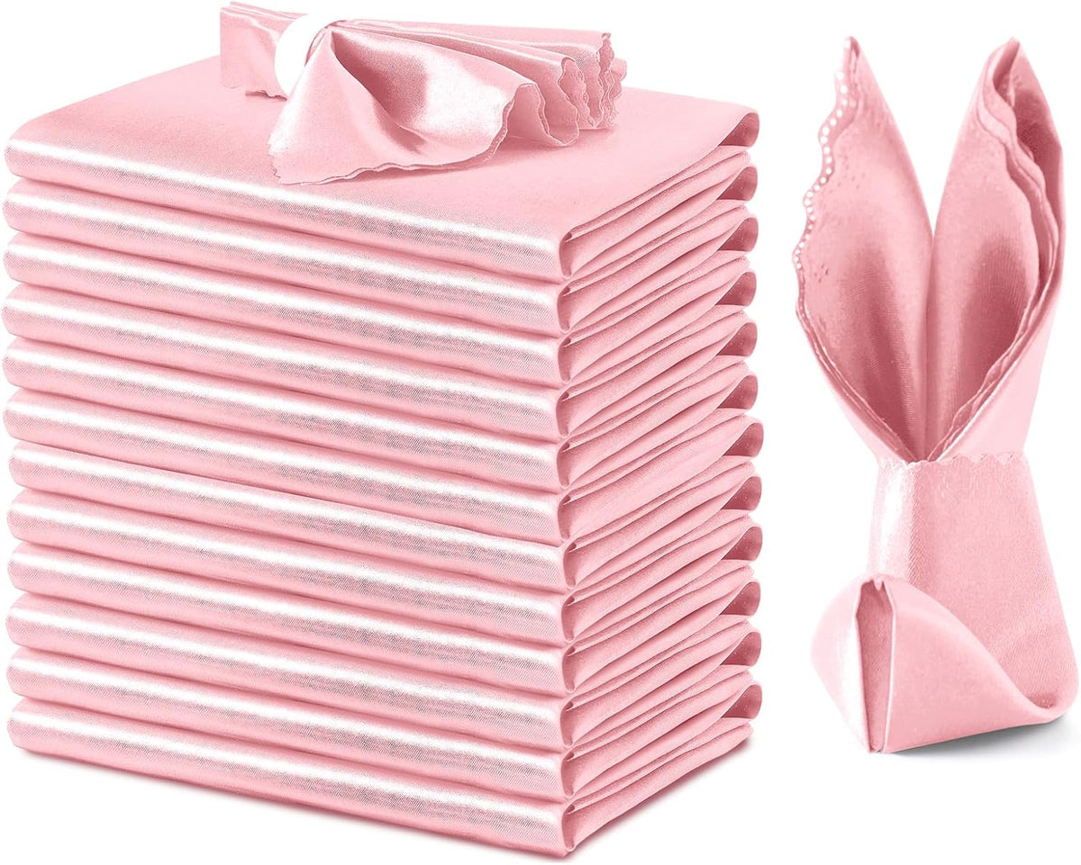 VACVELT 12 Pack Blush Pink Satin Napkins, 17x17 Inch Scalloped Elegant Dinner Napkins for Wedding, Restaurant, Banquet, Graduation Party