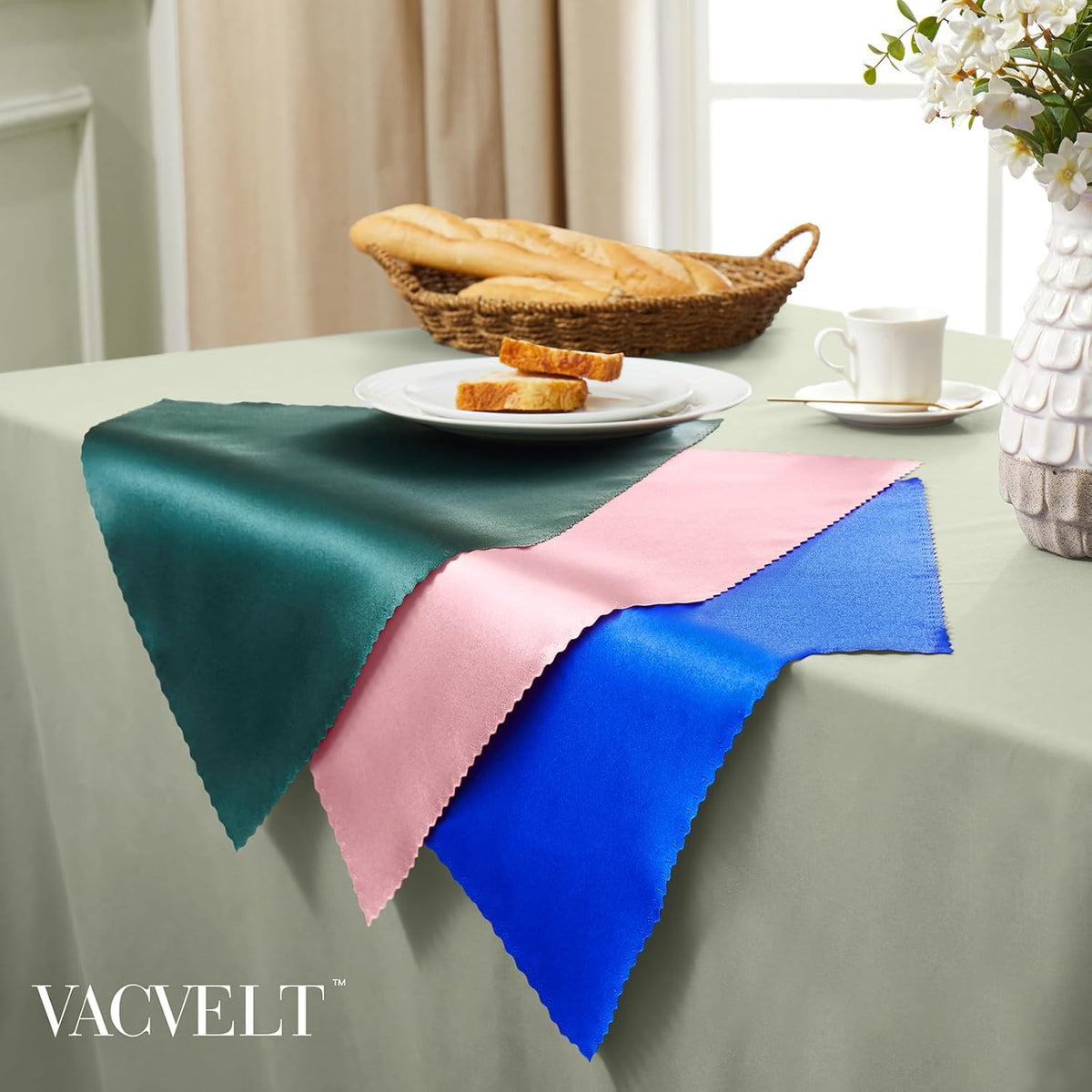 VACVELT 12 Pack Blush Pink Satin Napkins, 17x17 Inch Scalloped Elegant Dinner Napkins for Wedding, Restaurant, Banquet, Graduation Party