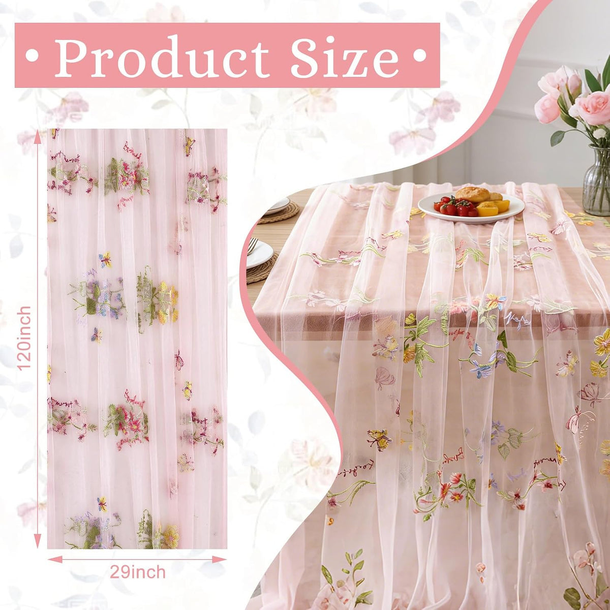 1pcs Pink Florals Table Runner Embroidery Gauze 10FT Daisy Seasonal Tulle Birthday Wedding Holiday Kitchen Dining Table Decor for Home Party