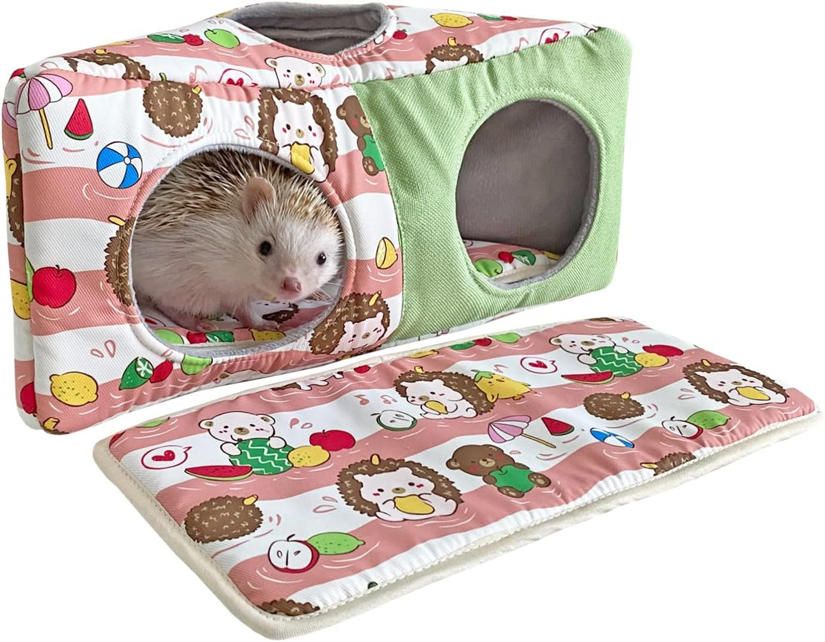 Hedgehog Fleece Corner Hideout Cave Collapsible Pet Play Toy Tunnel Tube Warm House Hidey Hut for Sugar Glider Ferret Hamster Small Animal Beds (Pink/Green)