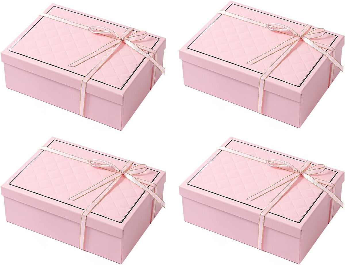 kaxilu Pink Gift Box Luxury With Lid & Ribbon, Foldable Gift Boxes 4 Pack 9.8x7x3.3Inches - Elegant Wedding & Birthday Packaging Gifts Box