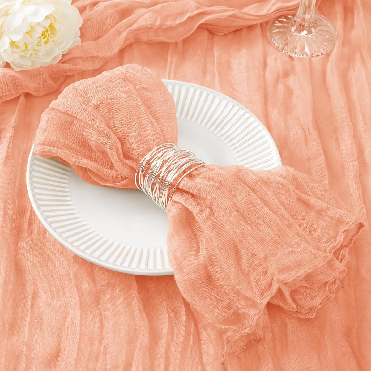 DeZerlor 50 Pack Peach Cheesecloth Napkins Summer Cloth Napkins Set of 50 Dinner Napkins Bulk 21x21 Inches for Wedding Bridal Shower Baby Shower Parties