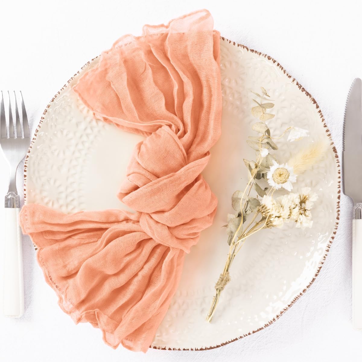 DeZerlor 50 Pack Peach Cheesecloth Napkins Summer Cloth Napkins Set of 50 Dinner Napkins Bulk 21x21 Inches for Wedding Bridal Shower Baby Shower Parties