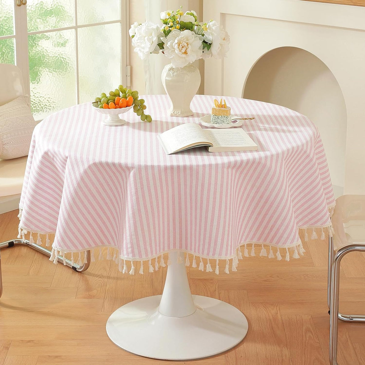 Striped Round Tablecloth, Cotton Blend Fabric Pink Circle Table Cloth with Tassel, Washable Wrinkle Free Table Cover Cute Small Tablecloths for Card Coffee Tables Home Party - Round 60 Inch