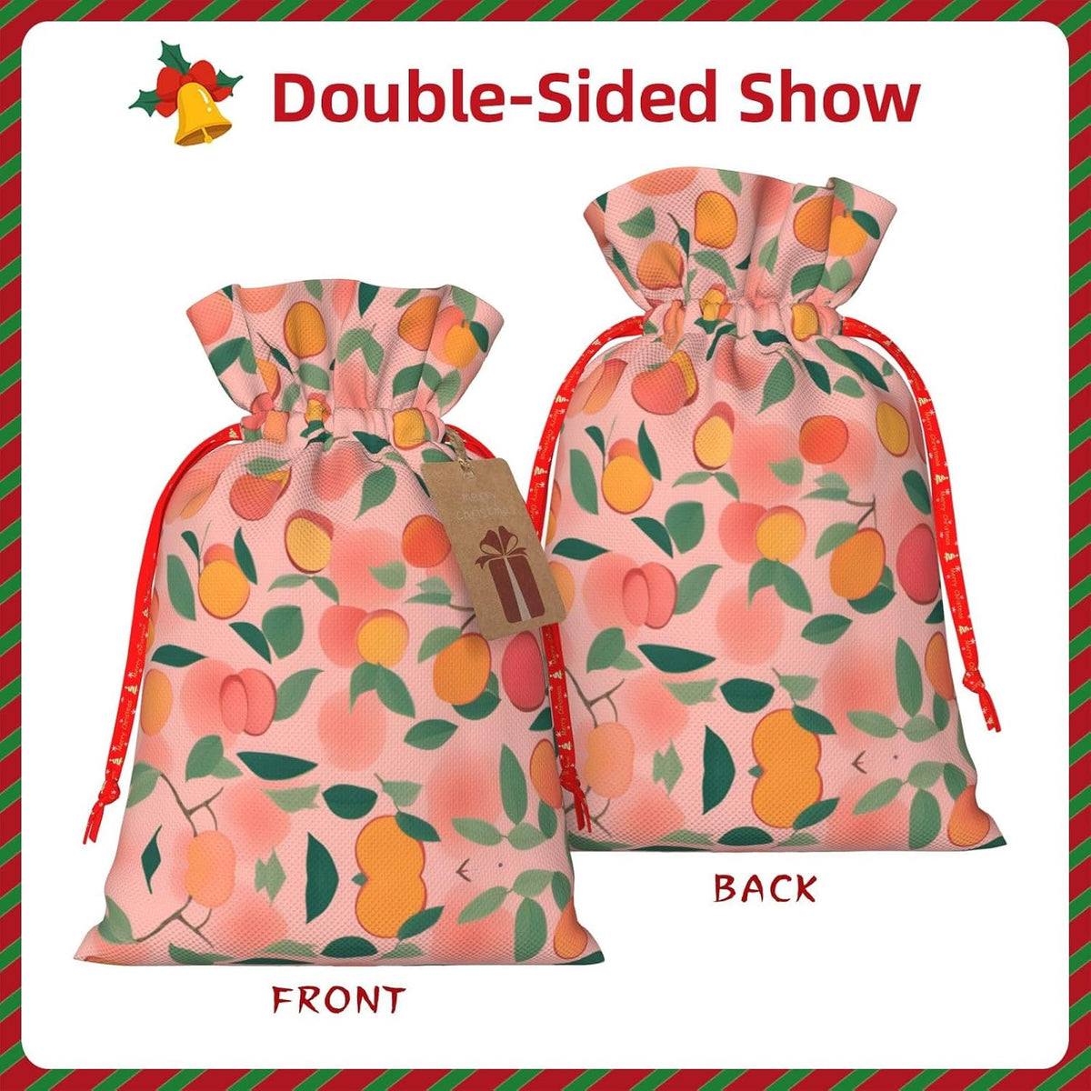 DRTGEDS Pink Peach Pattern Seamless Pattern 1 Printing 4.7x6.9 In Christmas Bag With Drawstring And Cute Kraft Tag, Fits Gifts And Daily Small Items