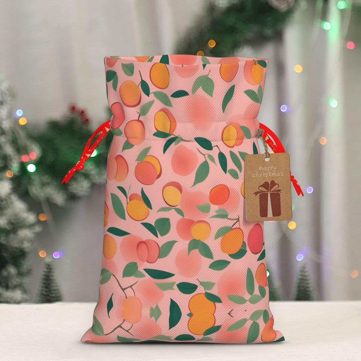 DRTGEDS Pink Peach Pattern Seamless Pattern 1 Printing 4.7x6.9 In Christmas Bag With Drawstring And Cute Kraft Tag, Fits Gifts And Daily Small Items