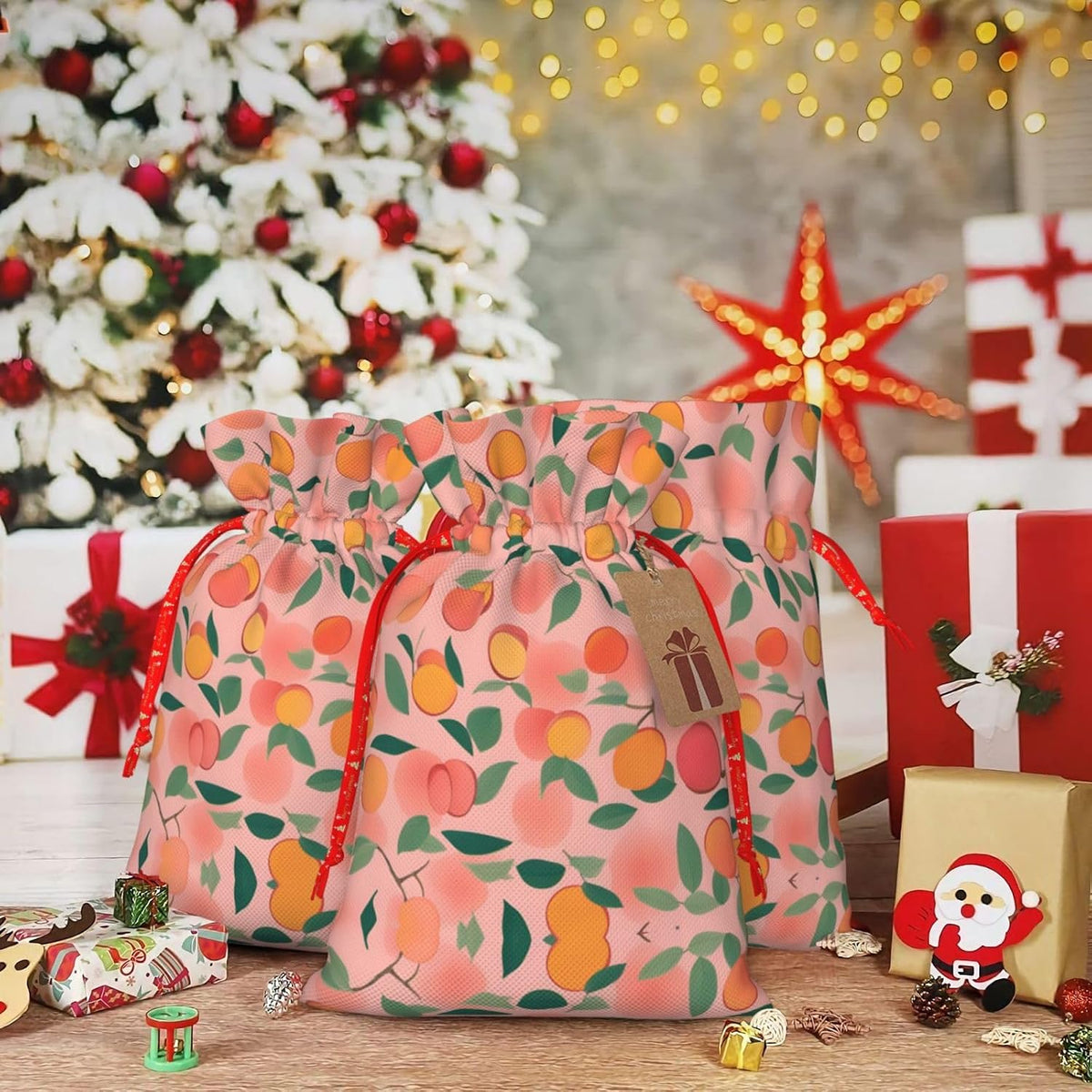 DRTGEDS Pink Peach Pattern Seamless Pattern 1 Printing 4.7x6.9 In Christmas Bag With Drawstring And Cute Kraft Tag, Fits Gifts And Daily Small Items