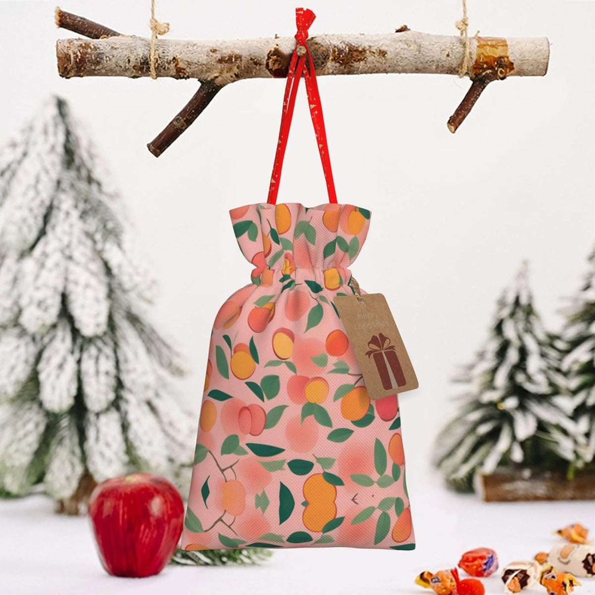 DRTGEDS Pink Peach Pattern Seamless Pattern 1 Printing 4.7x6.9 In Christmas Bag With Drawstring And Cute Kraft Tag, Fits Gifts And Daily Small Items