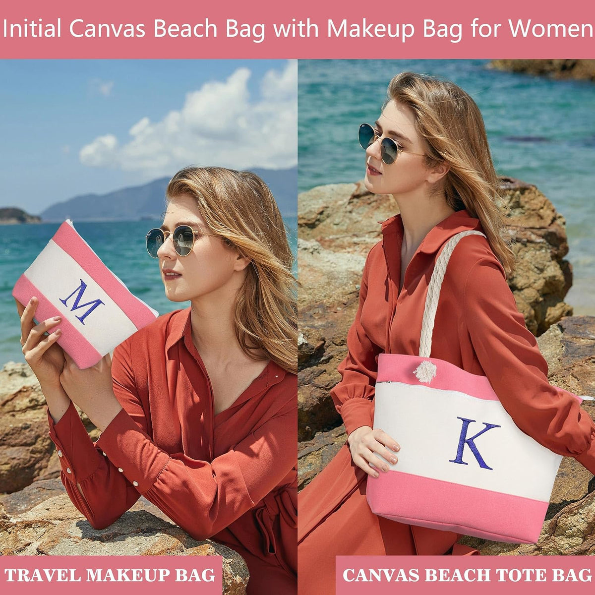 Birthday Gifts for Women, Initial Canvas Beach Tote Bags for Women