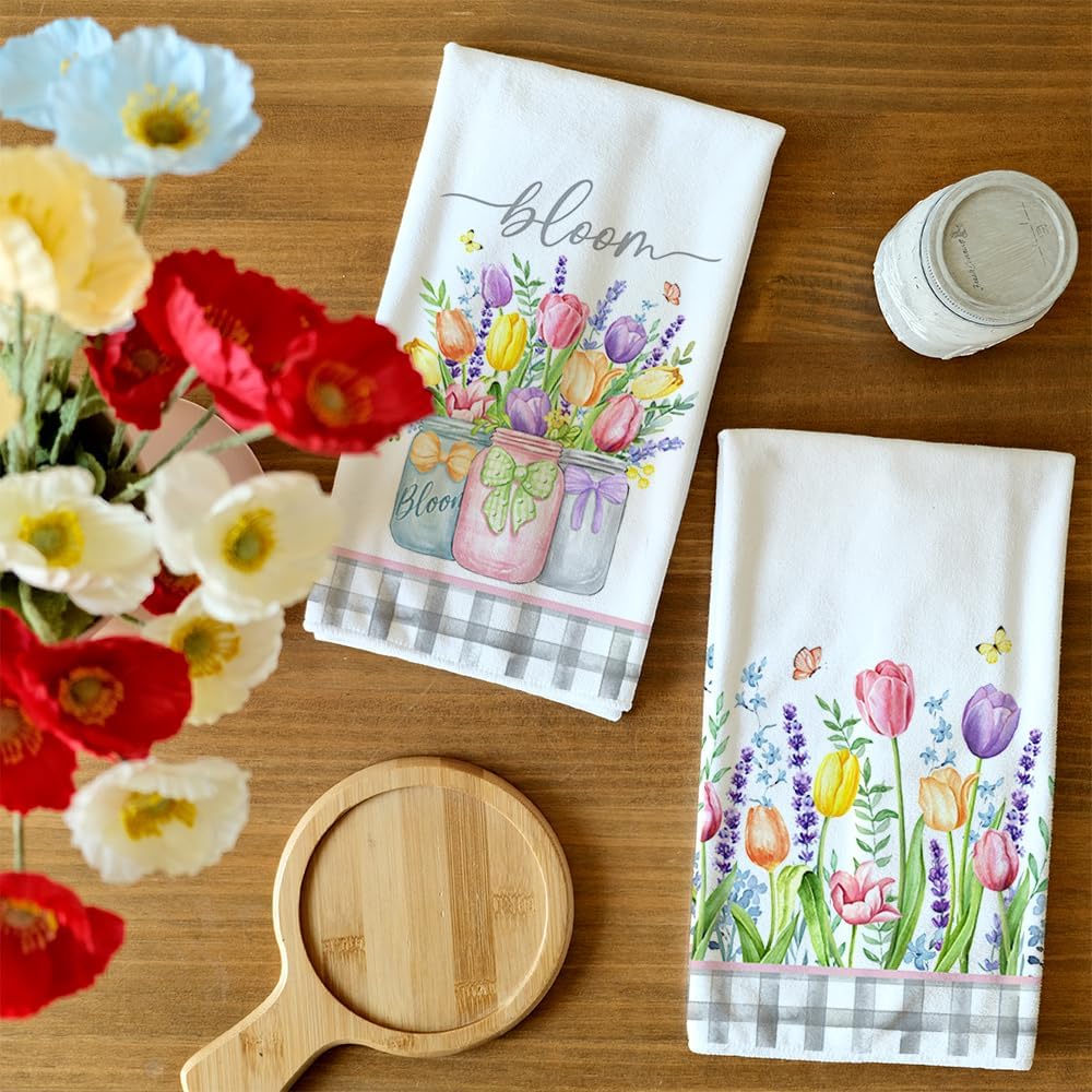Lavender Tulip Spring Kitchen Towels Dish Towels Set of 2,Pink Floral Hand Towels 18x26 Inch Drying Dishcloth,Farmhouse Home Seasonal Spring Decorations AD273