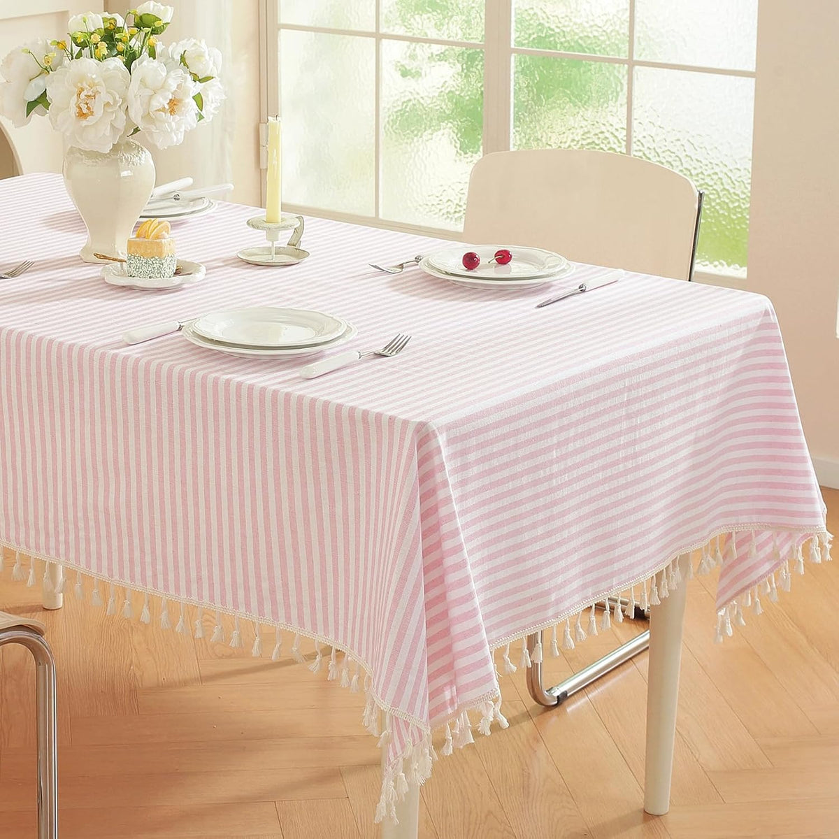 Striped Rectangle Tablecloth, Cotton Blend Fabric Pink Table Cloth with Tassel, Washable Wrinkle Free Table Cover Boho Picnic Tablecloths for Valentines Day Kitchen Dining - 39 x 55 Inch