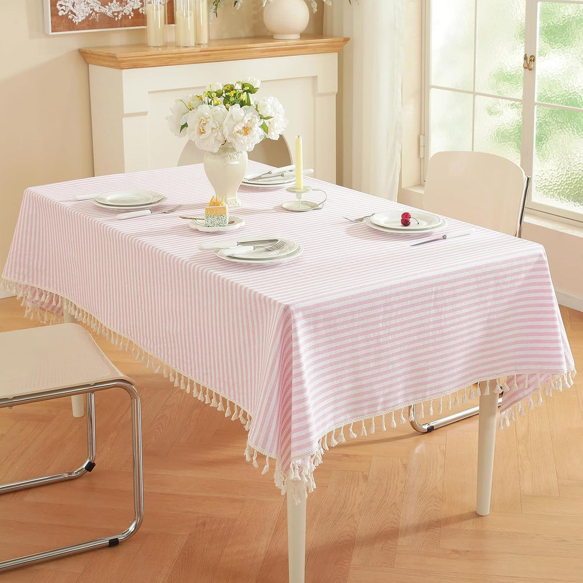 Striped Rectangle Tablecloth, Cotton Blend Fabric Pink Table Cloth with Tassel, Washable Wrinkle Free Table Cover Boho Picnic Tablecloths for Valentines Day Kitchen Dining - 39 x 55 Inch