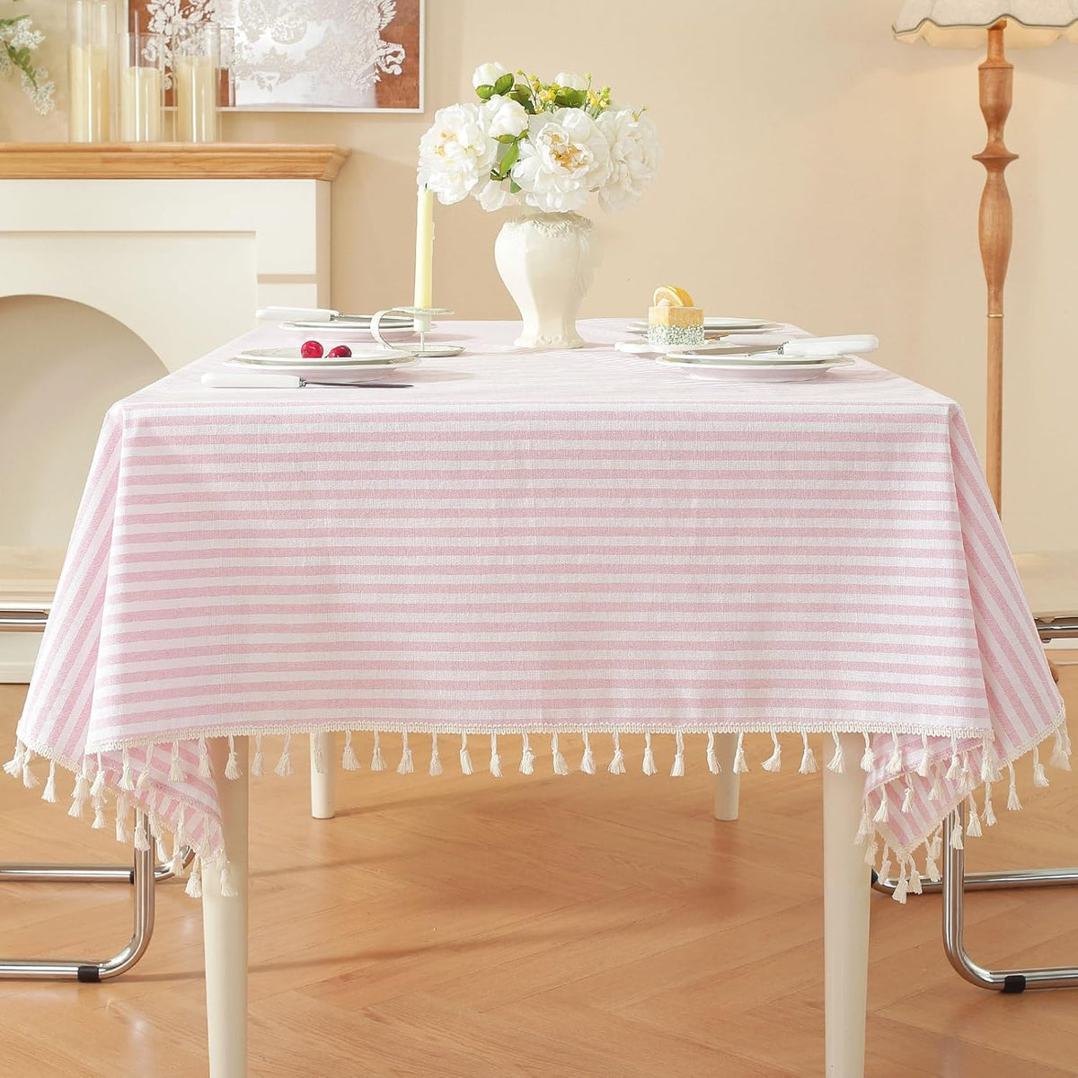 Striped Rectangle Tablecloth, Cotton Blend Fabric Pink Table Cloth with Tassel, Washable Wrinkle Free Table Cover Boho Picnic Tablecloths for Valentines Day Kitchen Dining - 39 x 55 Inch