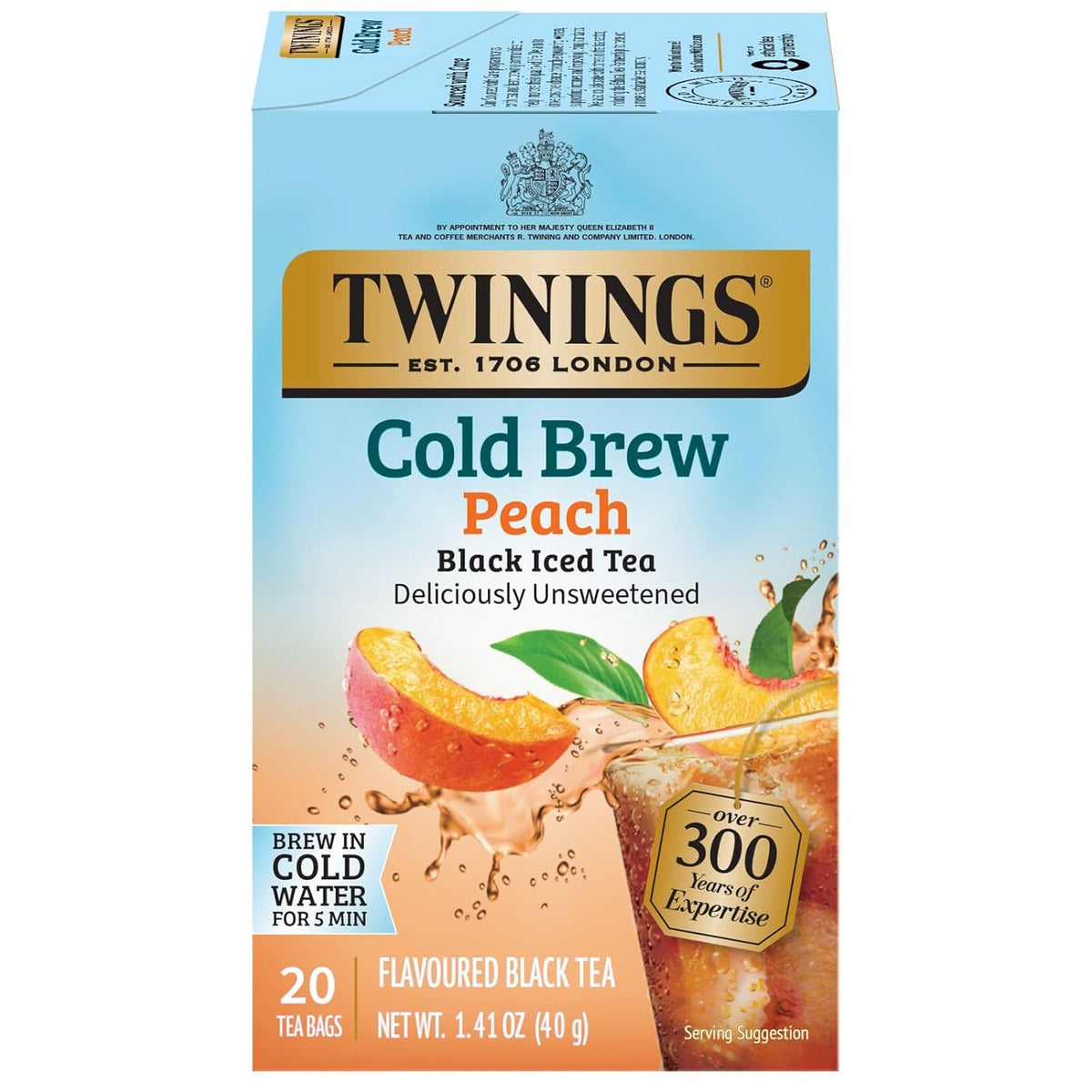 Peach Cold Brew Iced Tea Bags, 20 Count (Pack of 1), Unsweetened Flavoured Black Tea, Caffeinated, 20 Teabags