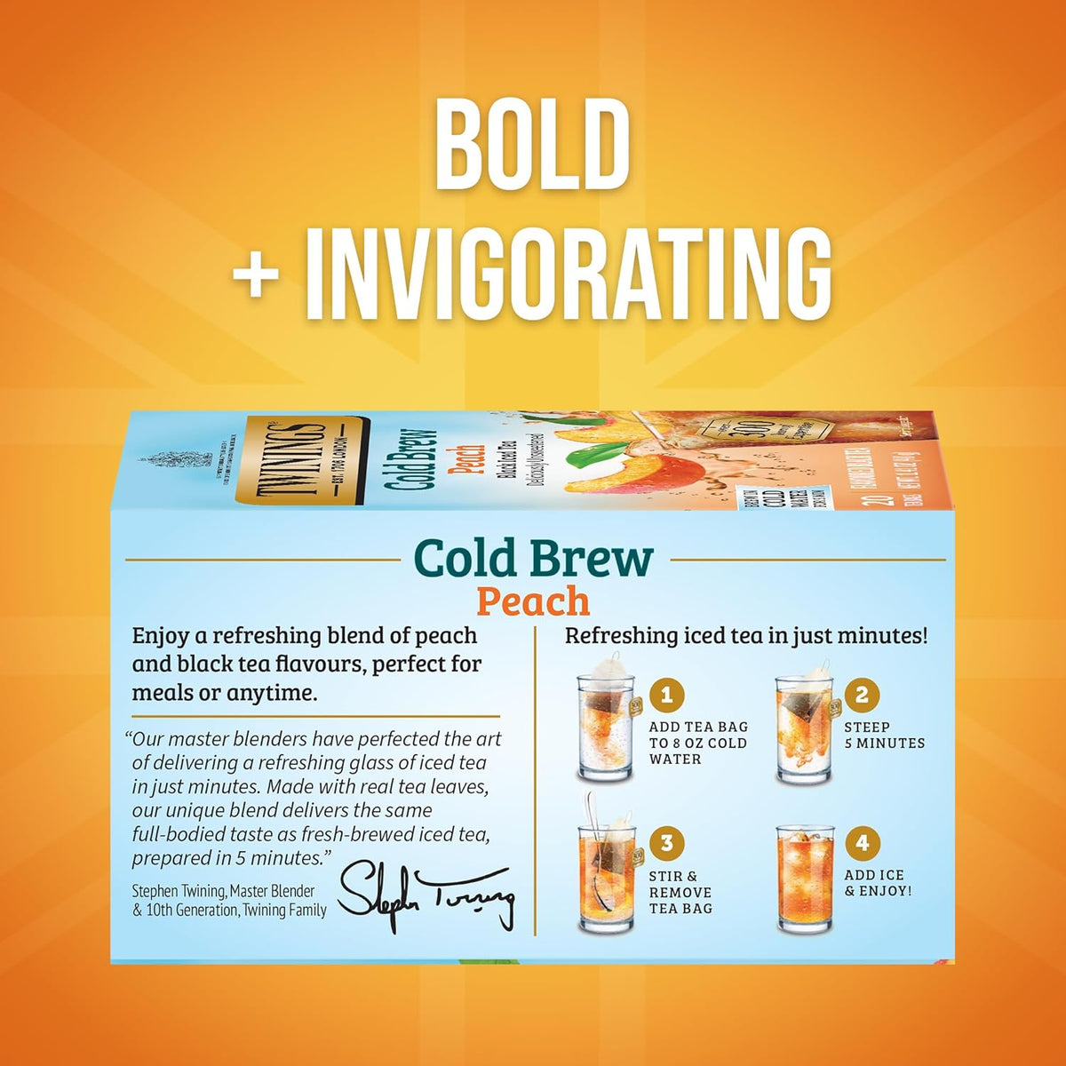Peach Cold Brew Iced Tea Bags, 20 Count (Pack of 1), Unsweetened Flavoured Black Tea, Caffeinated, 20 Teabags