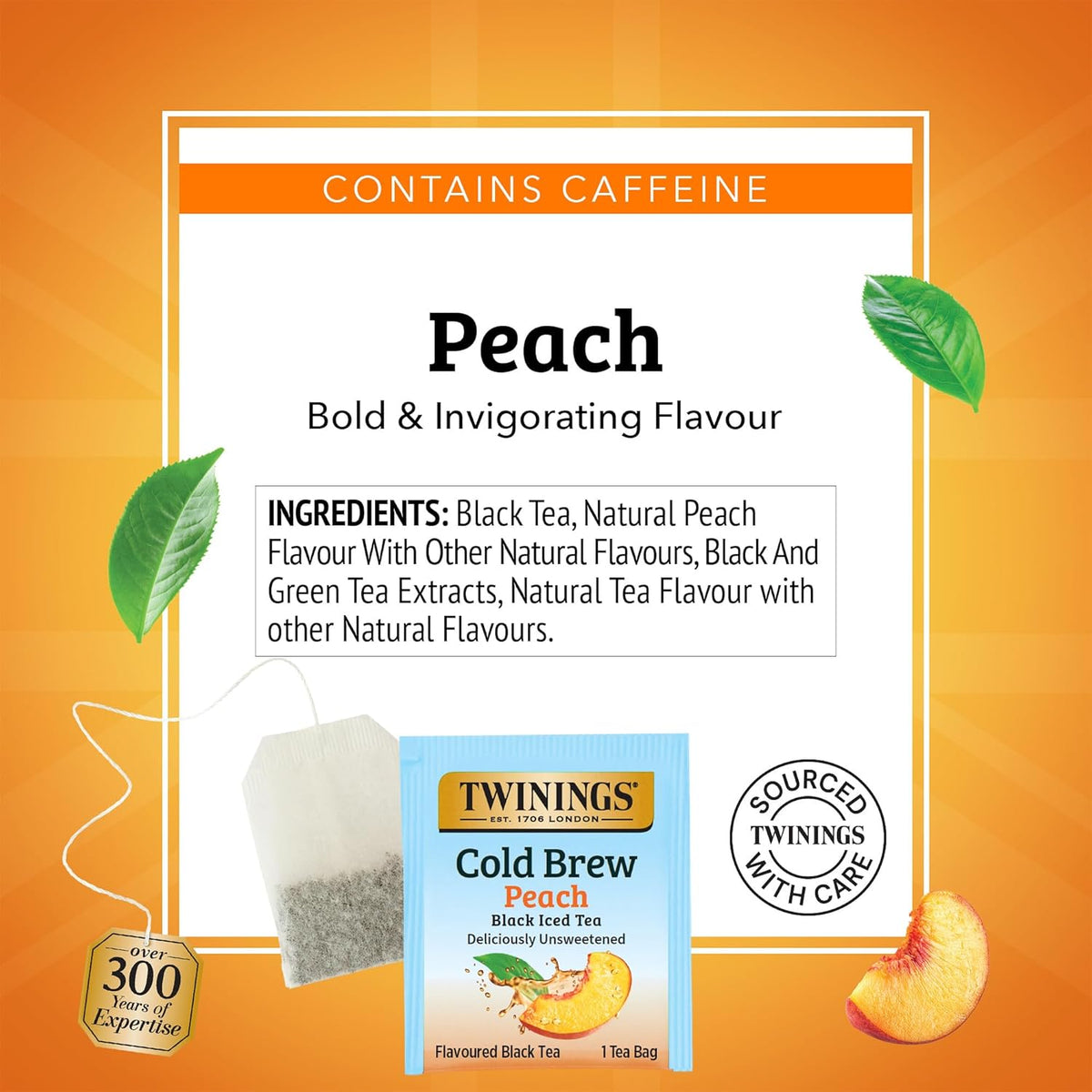 Peach Cold Brew Iced Tea Bags, 20 Count (Pack of 1), Unsweetened Flavoured Black Tea, Caffeinated, 20 Teabags