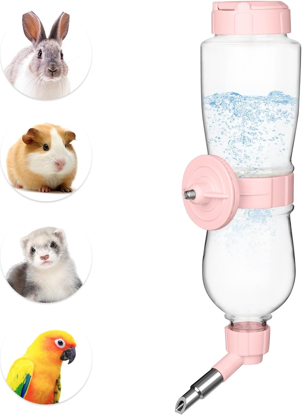 VANNON 17oz Small Animal Water Dispenser for Crate, Parrots Water Bottle for Cage, Chewproof Pet Water Bottle for Rabbits, Guinea Pigs, Ferrets, Chinchillas and Other Small Rodents, Top Fill, Pink