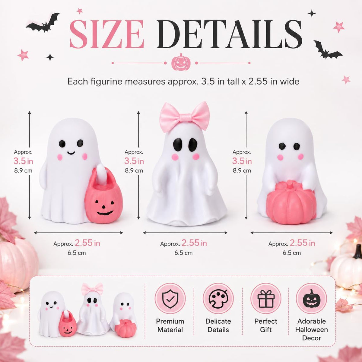 3 Pcs Pink Ghost Figurines, Halloween Table Decor with Pumpkin Bow