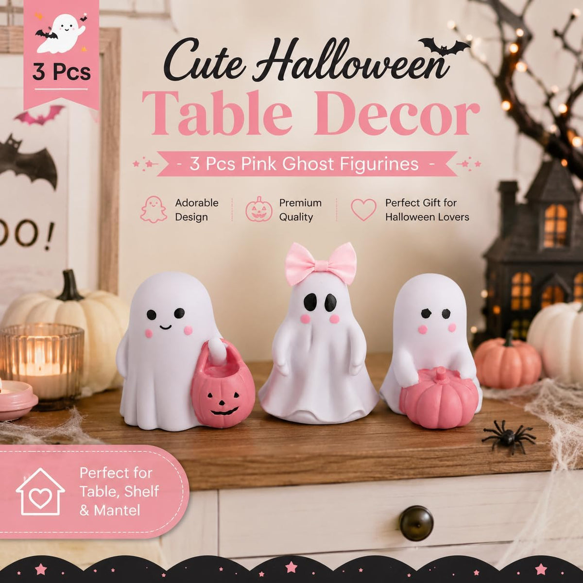 3 Pcs Pink Ghost Figurines, Halloween Table Decor with Pumpkin Bow