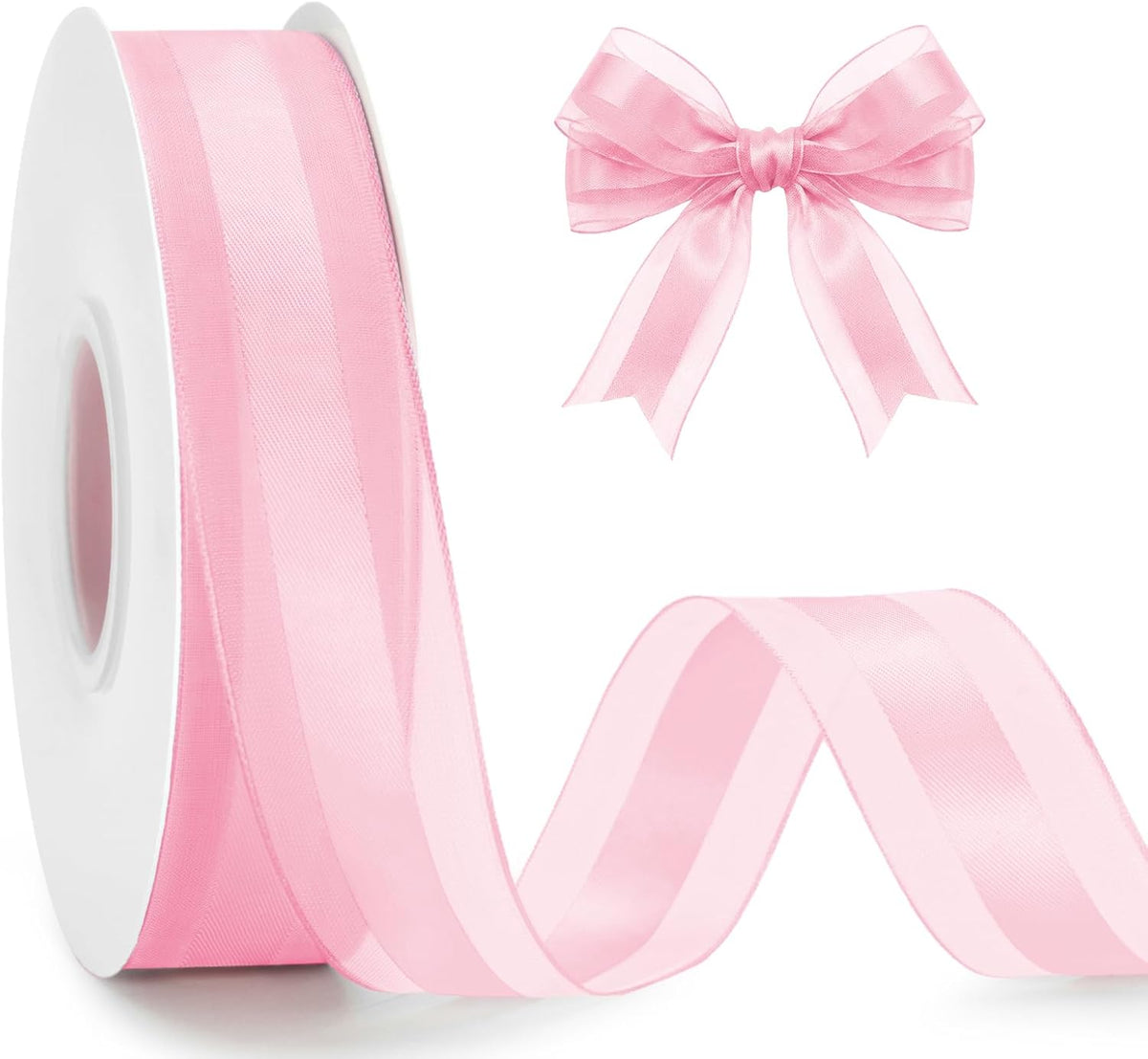 Light Pink Satin Ribbon - 1 Inch x 50 Yards Pink Organza Sheer Ribbon for Gift Wrapping Pink Chiffon Ribbon for Crafts Bouquet Wedding Bridal Shower Baby Shower Birthday Mother's Day Decor