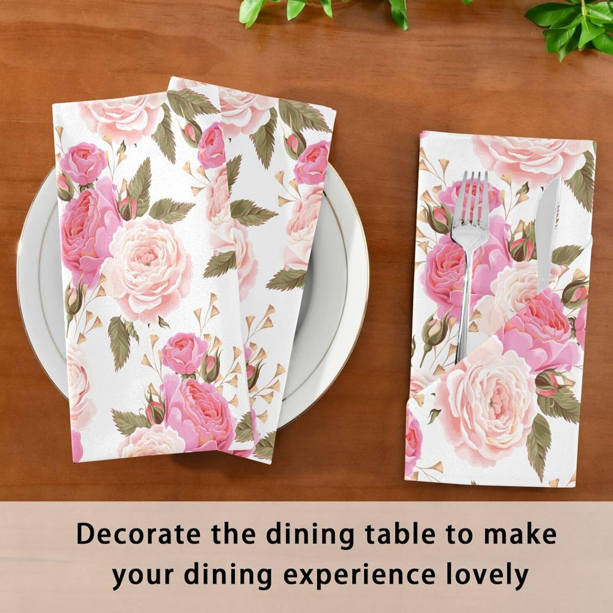 Table Cloth Napkins Floral Rose Pink Set of 6, Washable Reusable Dinner Napkin, Table Decor for Kitchen, Cocktail Party,Wedding, Banquet, Holiday (20 x 20 in)